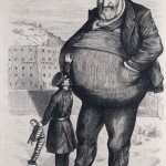 In this political cartoon Nast depicts a child sized police officer with a captured thief in his left hand, struggling to reach for larger than life Boss Tweed with his right. Tweed, the corrupt head of the New York City Democratic Party, is centerfold, looking down on the officer with amusement, hands casually tucked in his pockets as the officer strains to reach Tweed’s midsection. In the background is the "State Prison," looking much too small to hold the giant Tweed. With this cartoon Nast warns that Tweed’s gowing political corruption and power can imbue him with an untouchable gift, making it impossible to take him down.