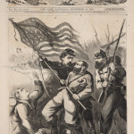"A Gallant Color-Bearer" depicts the 10th New York Regiment engaged in battle with Confederate soldiers. In this black and white engraving, a standing Union soldier catches in his arms the wounded color-bearer who is falling backwards while the unwounded soldier reaches for the American flag to prevent it from falling to the ground. On the left, a kneeling soldier looks up and reaches to break the flag’s fall. This engraving pays homage to the service and sacrifices made by Union soldiers, and the dedication to the flag that they served.