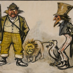 This original Thomas Nast painting depicts Brother Jonathan, represented here by Uncle Sam and the American Eagle in bold profile, and Sorrowful John, represented by the somewhat unkempt John Bull of the UK and the English Lion. The eagle is tugging the tail of the lion, no larger than a dog, as Uncle Sam looks on with a smirk. This piece asserts the U.S. as a strong economic and political world power, who should not be thought of lightly by England.