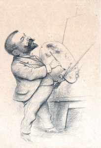 In this self-portrait, Nast peers thoughtfully at a blank canvas, leaning away to take in the full size. In his left hand, a palette and brushes of different lengths, in his right a paintbrush hovers just above the palette. He is dressed in a three-piece suite, his hair cut closely and sporting his tell tale beard and moustache. This is just one of many self portraits Nast painted.