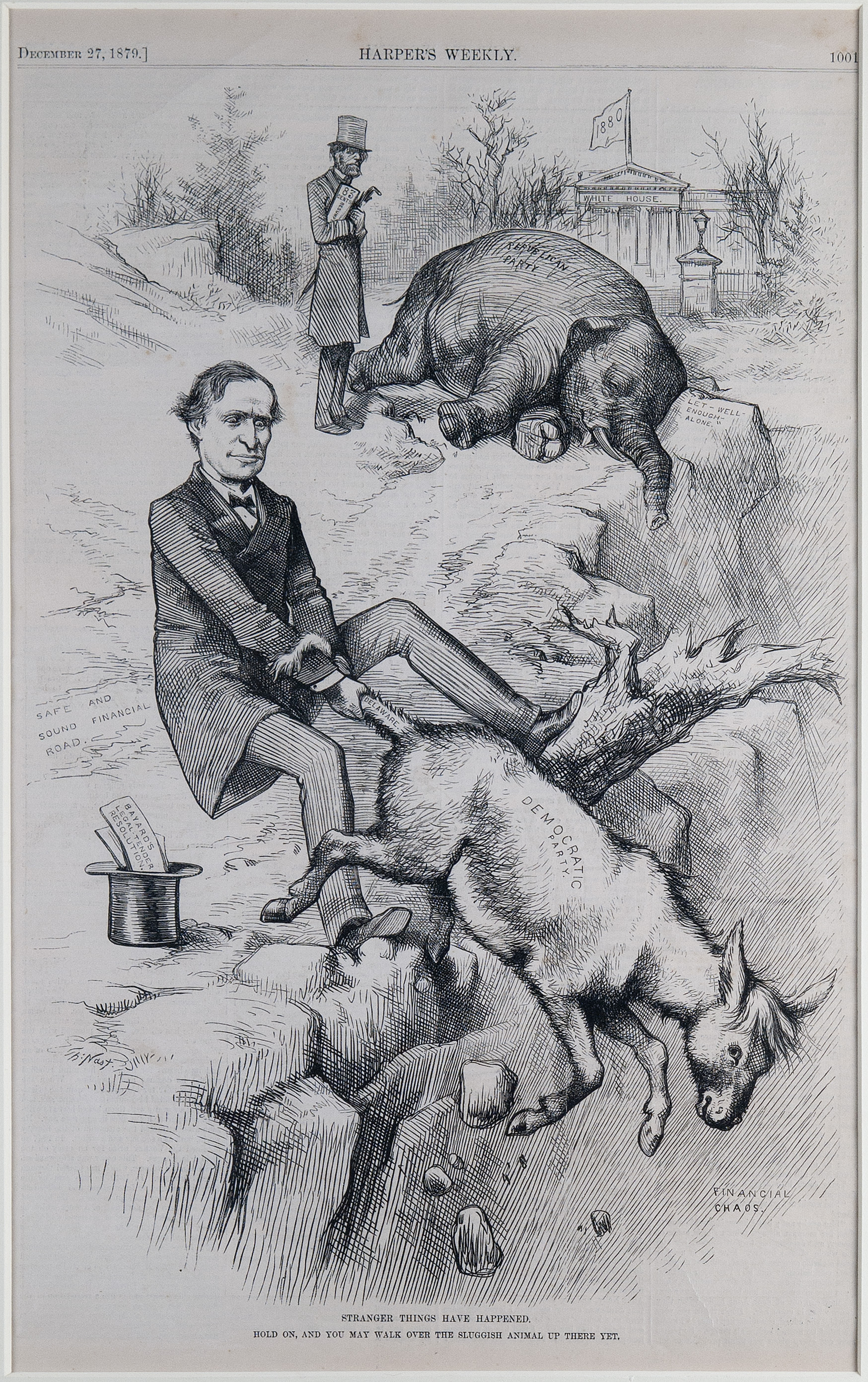 In "Stranger Things Can Happen," a determined Senator Thomas Bayard, right foot braced on a tree stump and left on a rock, pulls the Democratic Donkey by its tail away from a chasm of "financial chaos." In the background, Treasury Secretary John Sherman stands forlornly by the fallen Republican elephant, who is lying next to a boulder reading "Let Well Enough Alone." In the background is the White House, an 1880 flag flying overhead. This engraving Nast’s belief that the Deomcractic party could win the presidency in the 1880 run, a possible first since 1856. With Bayard’s Legal-Tender Resolution, the Democratic party could lead the U.S. onto the “Safe and Sound Financial Road.”