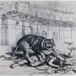 “The Tammany Tiger Gets Loose" shows the aftermath of a ferocious attack by the Tammany Tiger on Columbia, the symbol of the Republic, in a Roman arena. Her crumbled form, broken shield and sword is looked on gleefully by Boss Tweed, sitting in the bisellilum and surrounded by other Democratic politicians. In the background, Lady Liberty and a woman with a caduceus lay slain on the floor, the first of the Tammany Tiger’s victims. Here, Nast is warning of Tweed’s growing power and the danger he poses to liberty, justice and peace.