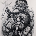 Thomas Nast popularized the contemporary image of Santa Claus through his publications in "Harpers Weekly," first using Santa Claus to honor the sacrifices made by the Union soldiers and their families during the Civil War. Nast drew influence from the German image of Saint Nicholas to create his depiction of Santa. "Merry Old Santa Claus" shows a jolly Santa, a bag of toys on his back and gifts under his left arm, smoking a long pipe. Garbed in his Santa suit with holly in his hat, he looks towards the viewer with a smile on his face.