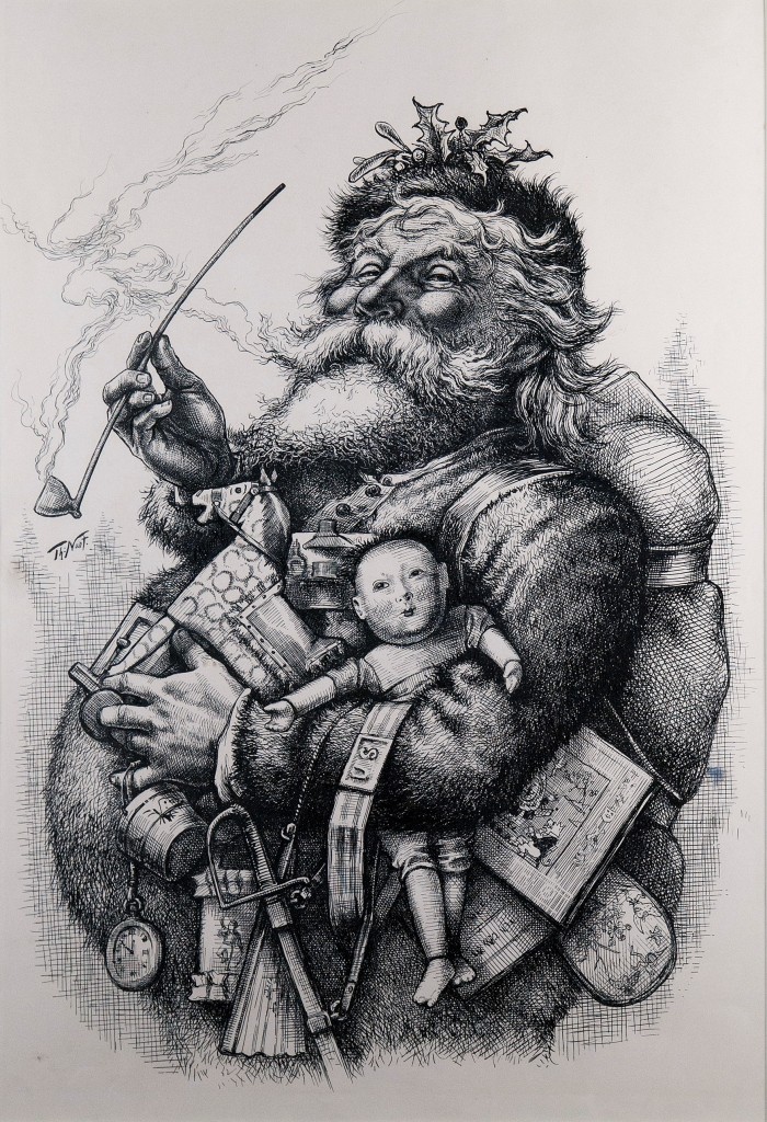 Thomas Nast popularized the contemporary image of Santa Claus through his publications in "Harpers Weekly," first using Santa Claus to honor the sacrifices made by the Union soldiers and their families during the Civil War. Nast drew influence from the German image of Saint Nicholas to create his depiction of Santa. "Merry Old Santa Claus" shows a jolly Santa, a bag of toys on his back and gifts under his left arm, smoking a long pipe. Garbed in his Santa suit with holly in his hat, he looks towards the viewer with a smile on his face.