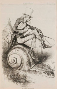 In "The Lightening Speed of Honesty," Nast drew Uncle Sam seated on the "45th Congress" snail. Under his arm is the Army and Navy payroll, and in his left hand is the money to pay it. In his coattail pocket in the “Resumption Act (of honesty)” and “Gold $ for $.” Nast was a staunch criticizer of Congress and their underfunding of armed forces. The Resumption Act was instituted as a means of reversing inflation caused by an overproduction of paper money (greenbacks) during the Civil War.