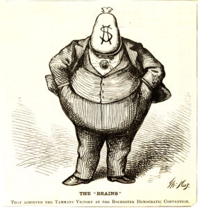 A large man with a moneybag in place of his head.