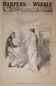 A woman in long gown reaches out to Uncle Sam carrying a heavy bag.