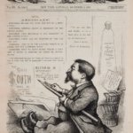 Portada de Harpers Weekly que muestra a un hombre con barba sentado y afilando un gran lápiz a mano. Está rodeado de libros y papeles.