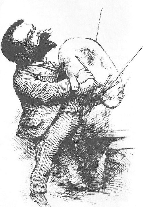 Illustration of a man holding a palette and paintbrushes. Thomas Nast self-portrait.