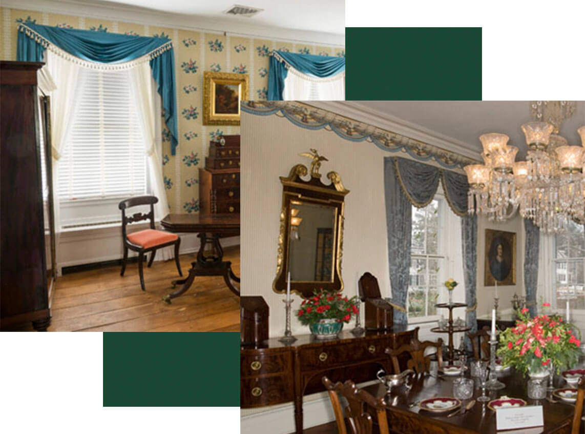 A period dining room image overlays a period bedroom image. Both images are on top of a dark green square.
