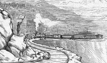 A drawing of a railroad and train along a mountain side.