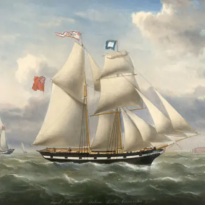 A painting of a large sailboat on the sea. The waves are choppy.