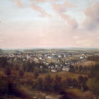 Pintura con vistas a las tierras de labranza y una vista temprana de Morristown. Vista de Morristown desde Fort Nonsense por Edward Kranich.