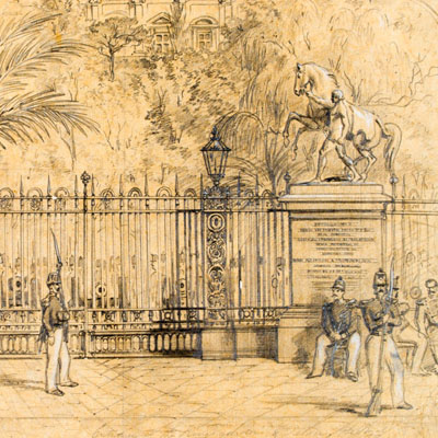 Drawing of uniformed men standing in front of a fenced off area.