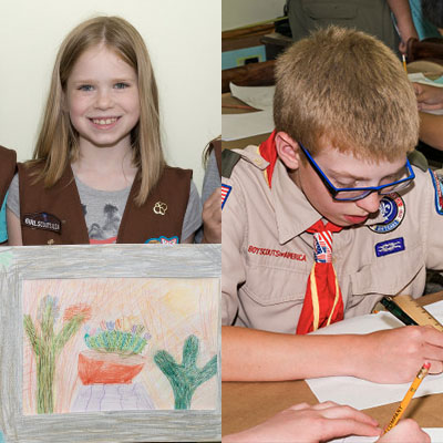 On the left, a young Girl Scout holds up a drawing she created. On the right, a young Boy Scout uses a ruler to draw.