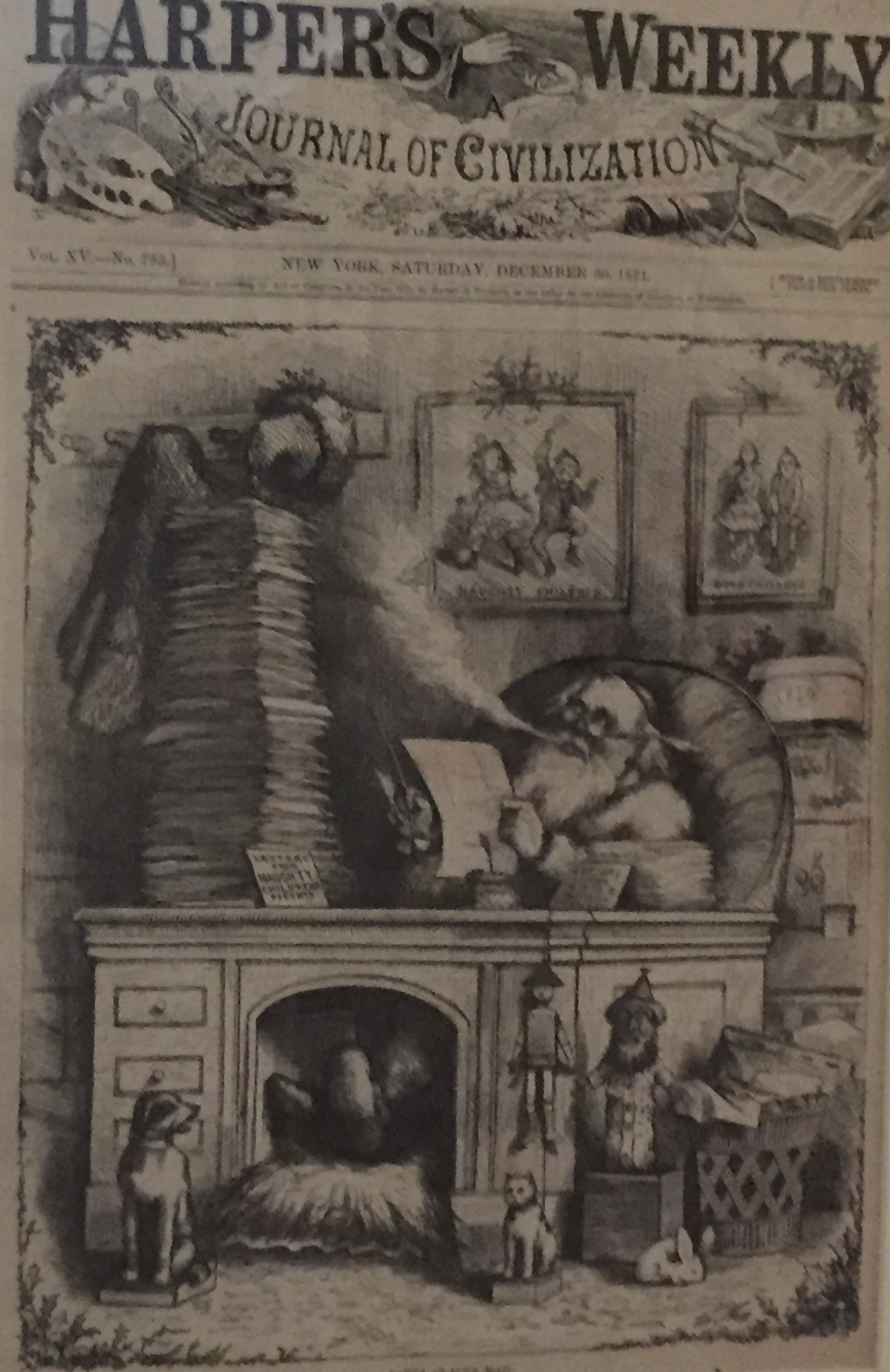 Una portada de Harper's Weekly con un dibujo de Papá Noel sentado en un escritorio fumando y leyendo en una gran pila de papeles.