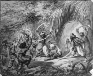 Una acuarela en blanco y negro muestra a varios hombres en una pelea con espadas curvas.