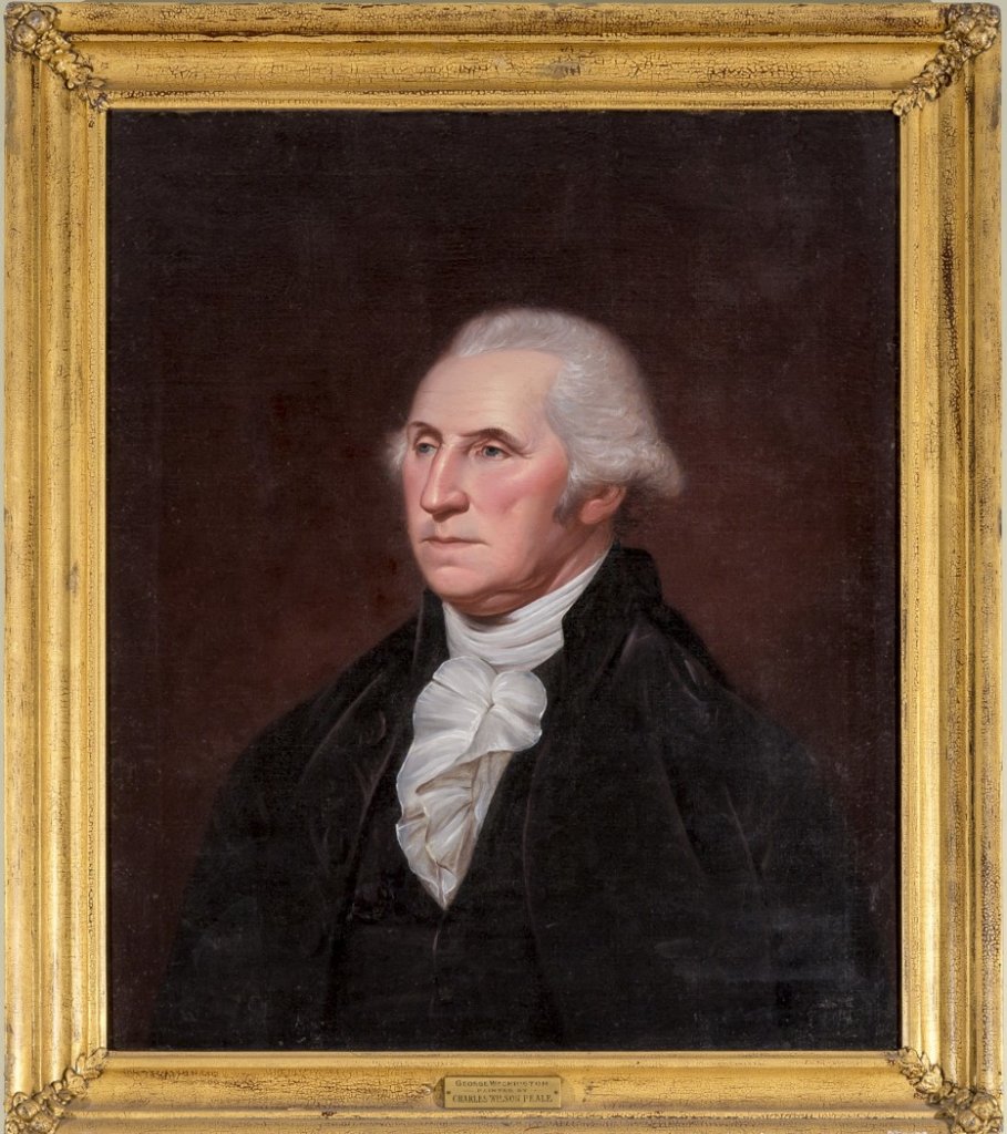 A painting of George Washington in a gold frame. A man with white hair and angular facial features looks to the left.