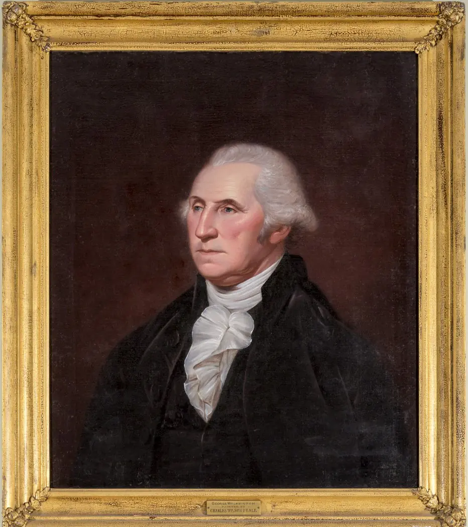 A painting of George Washington in a gold frame. A man with white hair and angular facial features looks to the left.
