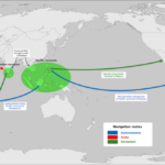 Un mapa del mundo que muestra las rutas comerciales desde el Océano Pacífico hasta África y América.