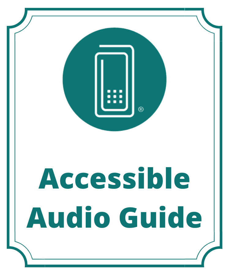 Un gráfico de un teléfono móvil y las palabras Accessible Audio Guide abajo.