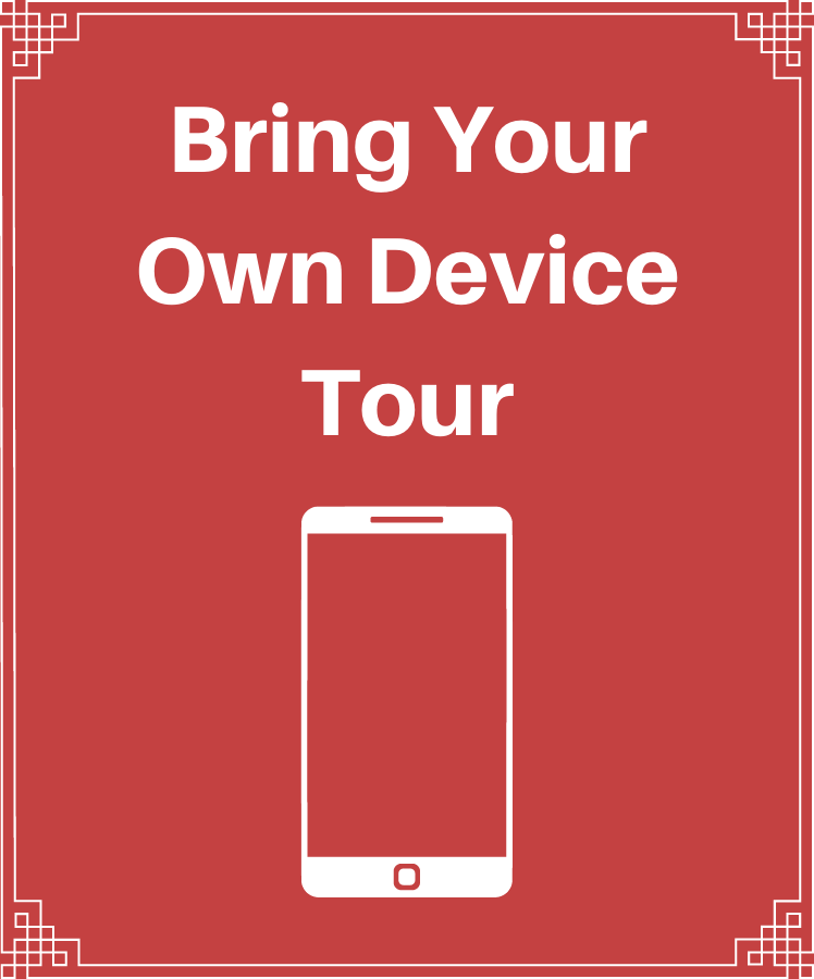 Red background with white decorative border. White text reads Bring Your Own Device Tour. White outline of a smart phone below the text.