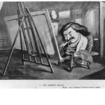 Thomas Nast sits sleeping at an easel holding a paint pallette.