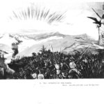 The sun rises over mountains and several soldiers raise their swords.