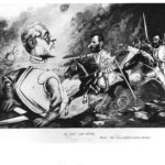 El presidente Grant es decapitado por un hombre con una espada y un escudo estadounidense en la batalla.