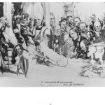 A jester wearing a "NY Herald" ball and chain is surrounded by a group of men.