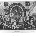 A large group of soldiers stand around in a grand room. A man sits on a throne in the center.