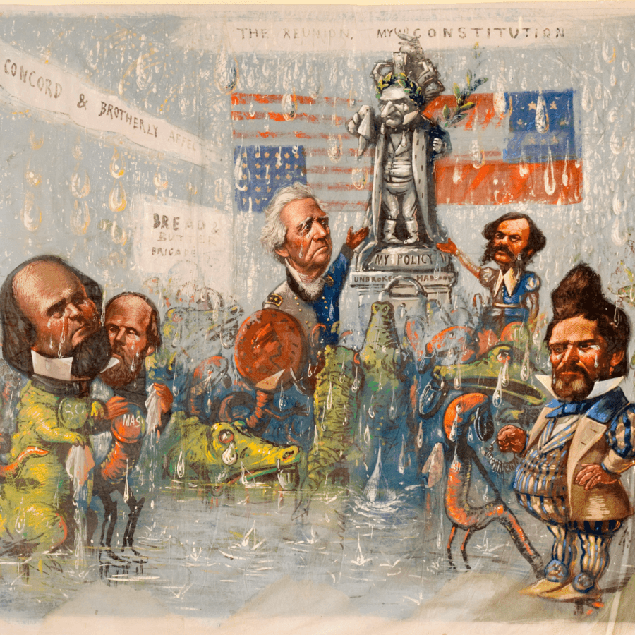 Several men gather and cry at a statue of a king.