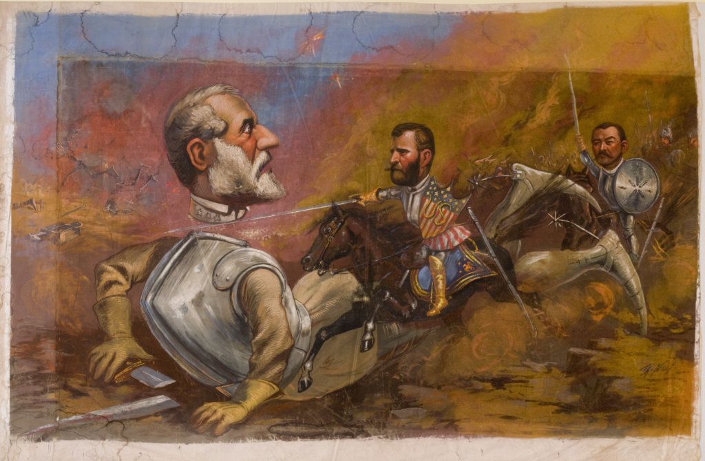 El presidente Grant es decapitado por un hombre con una espada y un escudo estadounidense en la batalla.