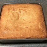 A square pan with baked Railroad Cake.