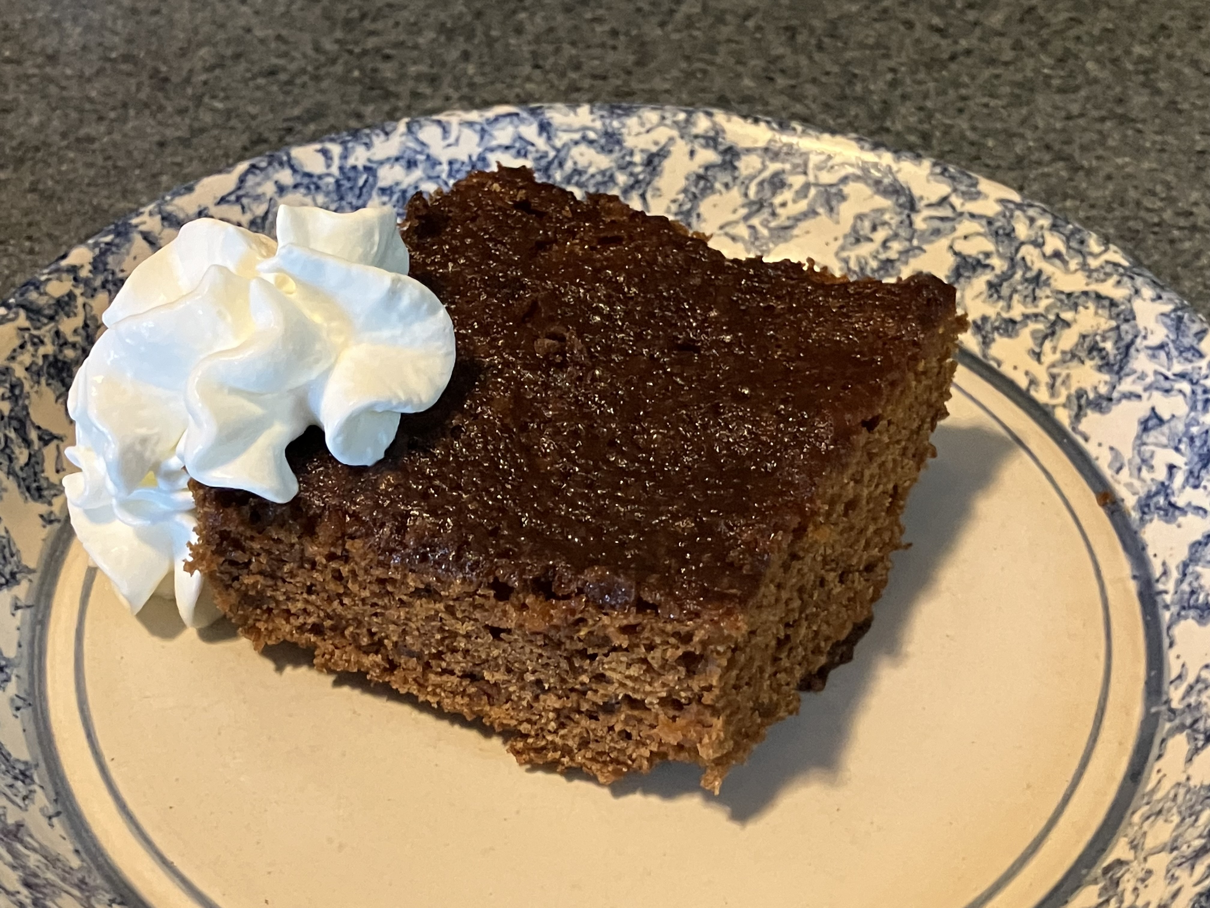 A slice of brown cake sits on a plate with whipped cream.