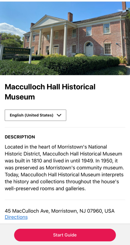 Screen shot of Macculloch Hall Historical Museum's Bloomberg Connects Guide. Image of a brick house on top and text below.