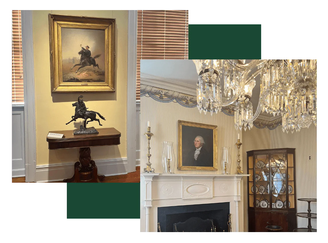 Website Homepage Graphic Graphic with two images of Museum objects overlaid on a dark green square.
